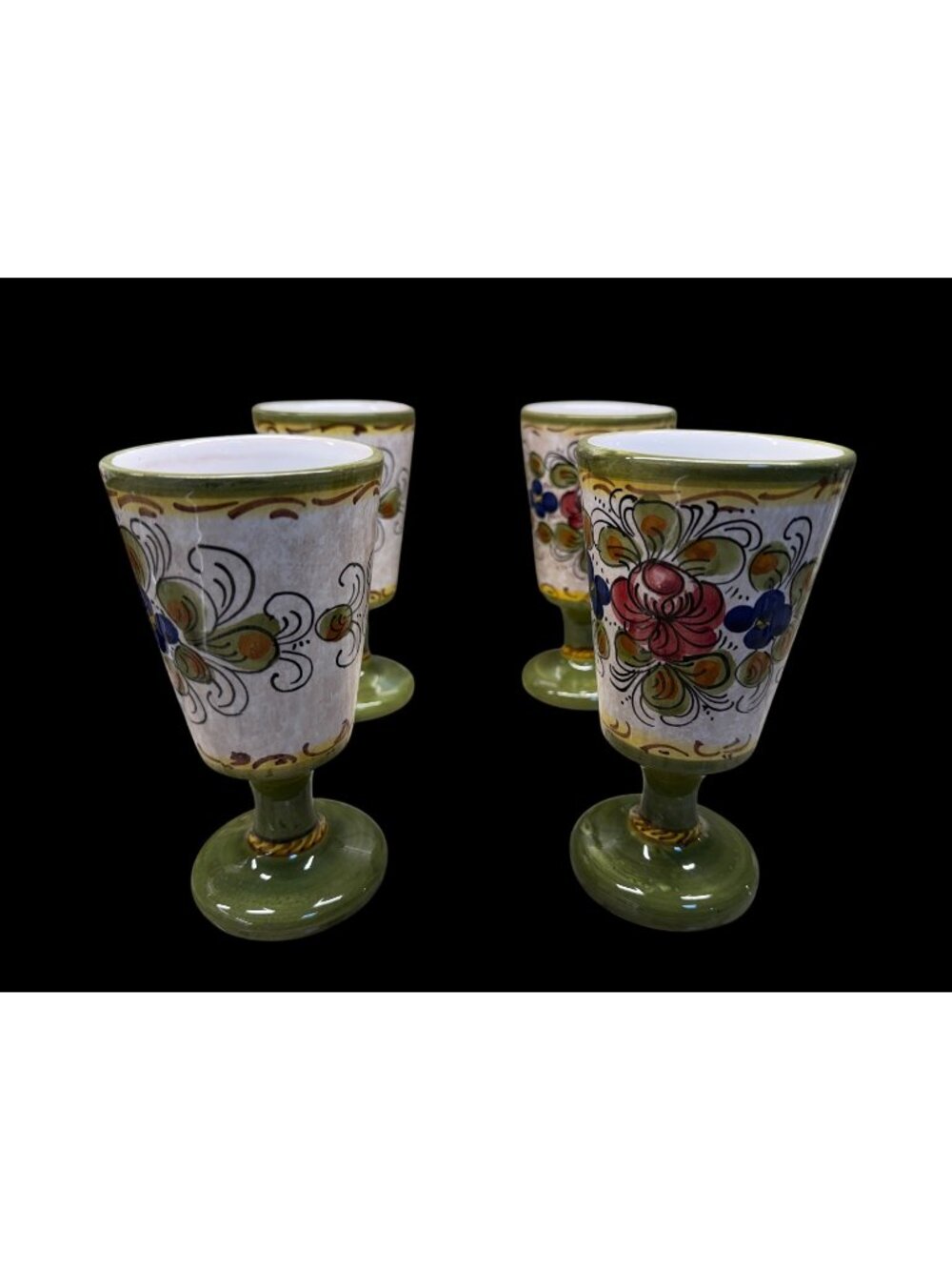 4 Hand-Painted Italian Majolica Wine Goblets 6" Assisi Rustic Farmhouse Cottage